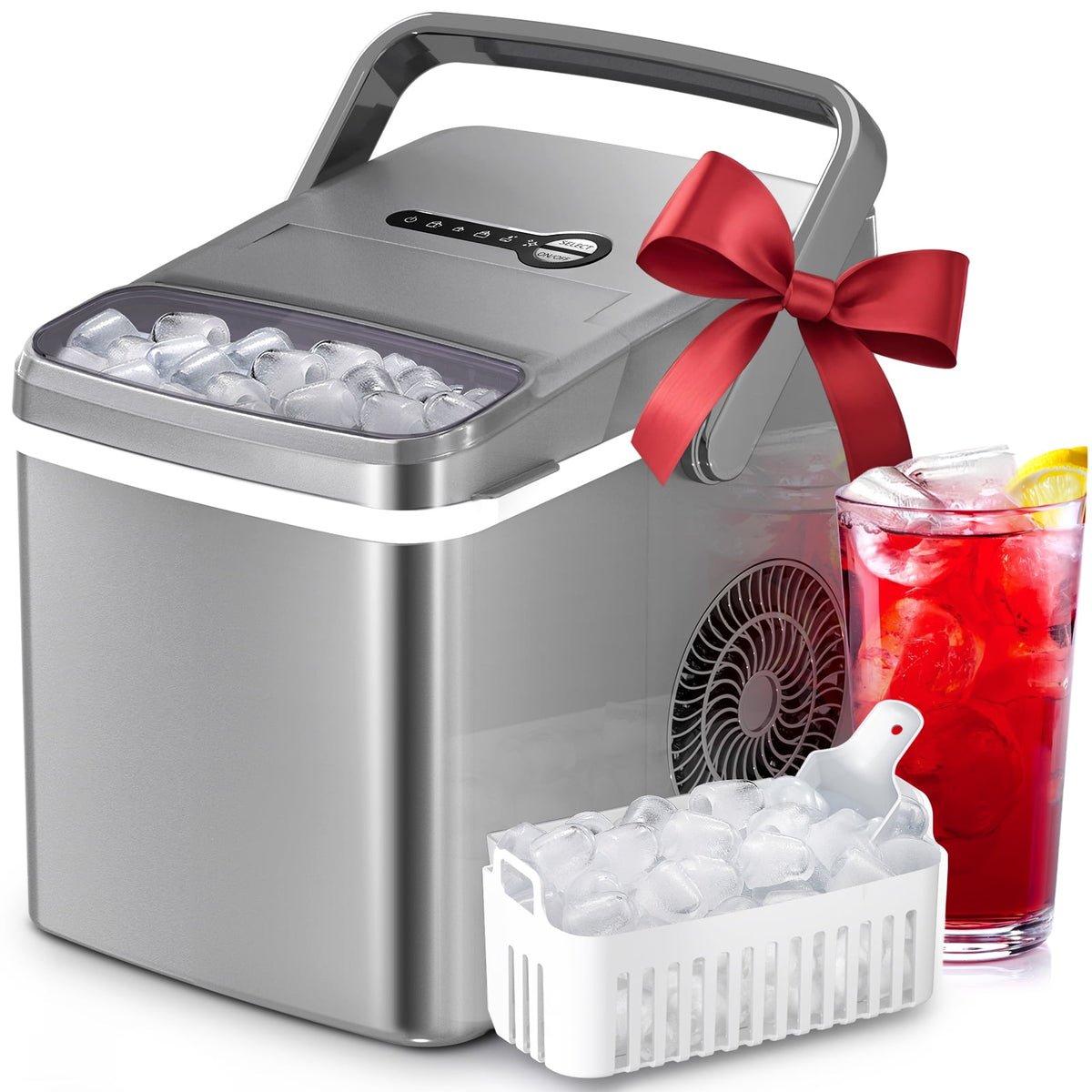 Moifoi 26 lbs/24H Countertop Ice Maker Machine, 9 Bullet-Shaped Ice in